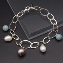 Q702 バロックパール 淡水真珠 ブルーストーン 925刻印 ブレスレット デザイン シルバー 6月誕生石