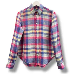 美品 RALPH LAUREN ラルフローレン リネン チェックシャツ サイズXS ボタンダウン 麻100% 長袖 刺繍ワンポイント 彩色 マドラスチェック カジュアル レディース 春 ゴーゴー古着マルイ草加店3406