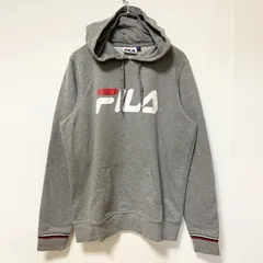 古着 used　FILA フィラ　長袖ビッグロゴプリントパーカー　スウェットフーディ　グレー　カジュアル　前ポケット　Lサイズ【値引き交渉OK！】