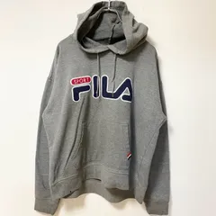 古着 used　FILA フィラ　長袖プリントロゴデザインパーカー　フーディースウェット　グレー　前ポケット　Ｌサイズ【値引き交渉OK！】
