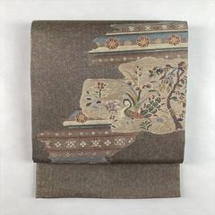 名古屋帯 【岡重】ベージュ系 象 更紗文様 銀彩 夏用 - メルカリ