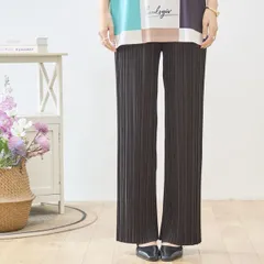 プリーツパンツ レディース ワイドパンツ イージーパンツ ウエストゴム ロング丈 きれいめ 脚長効果 無地 ブラック LL