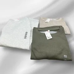 ２ F-015-415　未使用　3点セット　クルーネックT ＋ジョガーパンツセット　七分袖   2色セット　ユニクロ　UNIQLO　2枚セット　WOMEN 　ワッフル クルーネックT 　七分袖 　オフホワイト　オリーブ　UNIQLO　 XXL