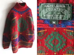 希少 90sビンテージ RALPH LAUREN COUNTRY ラルフローレン カントリー ネイティブ柄 ウール タートルネックニット M レッド ノルディック柄