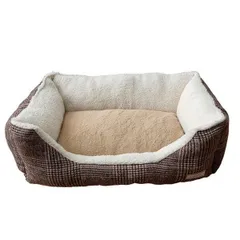 ペット 犬 猫 ベッド スクエア あったか 冬 保温シート フェイクファー ボア ツイード柄 滑り止め付き ブラウン L 約54×37×19cm