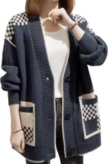 newNE ニューネ ニットカーディガン アウター チェック柄 レディース Vネック 前開き 羽織り 厚手 格子 (ネイビー,  2XL)
