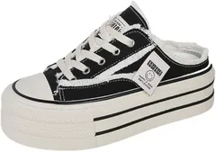 RENASYS レディース 厚底 スニーカー かかとなし スリッポン 多用途 軽量 韓国 キャンバス ダッド 幅広 (ブラック,  24.5 cm)