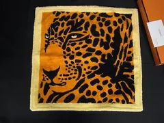 ■新品同様■ HERMES エルメス カレ ド プラージュ コットン100％ レオパード ハンドタオル フェイスタオル イエロー系 FX1798