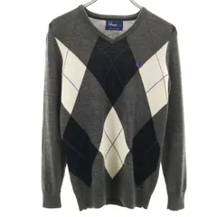 FRED PERRY フレッドペリー アーガイル柄 長袖 Vネック ニット XS チャコールグレー セーター メンズ 古着