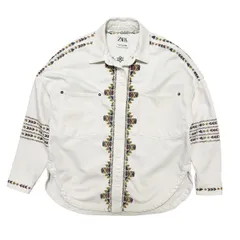 古着 ザラ ZARA デニムシャツジャケット 幾何学刺繍 クリーニング済み レディース US Sサイズ 実寸3L相当