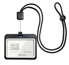 パスケース ホルダー 名札 伸縮可能 社員証ケース 軽量 メンズ 長さ調整可 レディース リール付き 両面2枚収納 ネックストラップ 横型 IDカードホルダー (ブラック・横) 【縦/横・色が選べる】