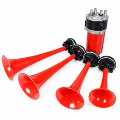 4連エアーホーン テキーラ 12V コンプレッサー リレー付 フルセット 4連トランペット レッド 汎用 12V専用 4極リレー付属 TEQUILA ラッパ 4連ラッパ ミュージックホーン 4連トランペット メロディホーン