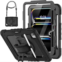 iPad Pro11インチ ケース2024(M4 第5世代) 保護フィルム付き ペン収納 360°回転スタンド ハンドストラップ ショルダーストラップ 耐衝撃 全面保護カバー 多機能 iPad Pro11インチ タブレットPCケース (ブラック)