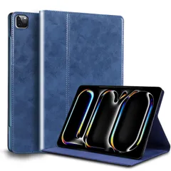 Gexmil for iPad Pro 11 インチ M5 2025 / M4 2024 ケース,高級レザー製 アジャスタブルスタンド,衝撃防止 手帳型 保護 オートスリープ/ウェイク 防滑 シンプル おしゃれ レザーケース, ブルー