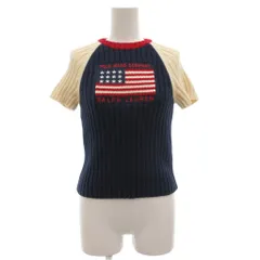 ポロジーンズ ラルフローレン POLO JEANS リブニット セーター 半袖 S ロゴ刺繍 星条旗 紺 ネイビー 白 ホワイト /GV