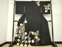 平和屋着物●訪問着　駒刺繍　絞り　草花文　黒地　正絹　逸品　AABG4032ck