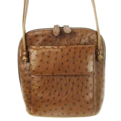 ロダニア RODANIA ショルダーバッグ レザー 革 オーストリッチ ダブルファスナー ラウンド 茶 ブラウン /CK9 ■GY11