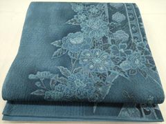 西陣織九寸帯未仕立品 （株）弥栄織物 新品 濃紺地縦花蔓文 芯入仕立代
