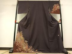 訪問着 茶紫 花唐草 金彩 身幅広め - メルカリ