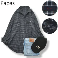 【美品】 日本製 パパス PAPAS 長袖 チェック柄 コットン 綿100％ カジュアル ワーク シャツ ワイシャツ Yシャツ M ネイビー 紺 トラッド アメカジ ストリート メンズ