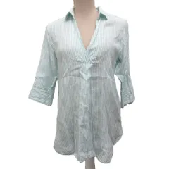 23区 オンワード樫山 LIBECO リネンシャツ 長袖 ストライプ スキッパー 麻 リネン100% 38 緑 グリーン 白 ホワイト