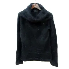 ドゥエセイ due sei ニット セーター オフタートル 総柄 長袖 ラインストーン アンゴラ混 L 黒 ブラック /MN