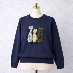 猫刺繍 ネイビー 長袖ニット