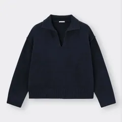 GU パフィータッチ スキッパーポロセーター(長袖) ネイビー  L