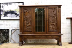 GMIK885○アンティーク 彫刻 オーク材 キャビネット ブックケース 無垢材 リビングボード 飾り棚 カップボード 水屋棚 食器棚