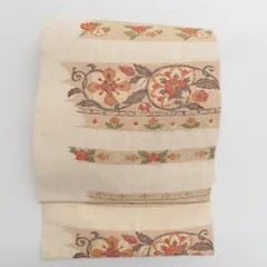 名古屋帯 正絹 紬 ベージュ色ｘ緑色ｘ赤色ｘ多色 花模様 六通柄 着物帯 カジュアル 長さ350cm