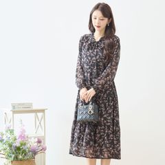 SALE NEW Spring [TRUBE] Small Floral Print Bow Tie Tiered Dress [M-L] (N82-562) Women's Clothing, Ladies' Clothing, Floral Print, All-over Print, Ribbon, Sheer, Figure-flattering, Stylish, Elegant, Cute, Pretty, Black