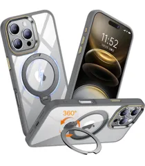★【360°回転スタンド・角度自由調整】MEIKKS iPhone 16 Pro 用 ケース クリア リング付き MagSafe対応 おしゃれ 黄変防止 高耐久性 米軍MIL規格 耐衝撃 カメラレンズ保護 マグセーフ　チタングレー