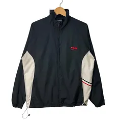 FILA フィラスポーツ ナイロンジャケット ワンポイントロゴ ウインドブレーカー ドローコード メッシュライナー カンボジア製 Ｍサイズ ブラック ホワイト