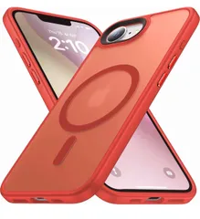 ★iPhone 16e 用 ケース【独立金属ボタン・MagSafe対応】米軍MIL規格 半透明マット レンズ保護 耐衝撃 黄ばみなし 指紋防止 ワイヤレス充電 シリコンフレーム ハードケース スマホ アイフォン16e 用 ケース 2025 薄型 （レッド）