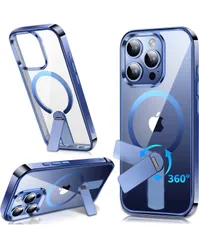 ★iPhone 15 Pro Max用 360°回転スタンド付きマグネットケース【調節可能なインビジブルキックスタンド】【MagSafe対応】【ミリタリー落下保護】耐衝撃・黄ばみ防止・クリアブルー