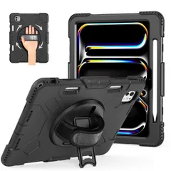 iPad Pro11インチ ケース2024モデル (M4 第5世代) 三層保護 耐衝撃 360°スタンド ペン収納付き Pencil2対応 横置き 縦置き バンド&ショルダー ストラップ 肩掛け 首掛け 現場 防塵 傷防止 タイピング 子供友好 便利 ...