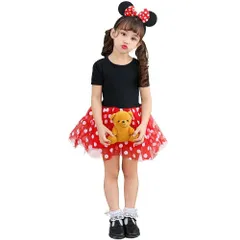 【在庫処分】半袖 パーティー キッズ コスプレ イベント ワンピース ドット柄 人気 演出服 可愛い 子供 レッド 仮装 ミニーちゃん カチューシャ ハロウィン 女の子 2点セット ミニー [MUXIU]