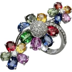 14号 マルチカラーサファイア 5.21ct ダイヤモンド 0.28ct リング・指輪 K18WGホワイトゴールド 18金  7.6g レディース 【中古】【真子質店】【NN】