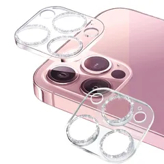 新品 【2枚セット】iPhone15Pro/15ProMax用カメラカバー アクセサリー 強化ガラス レンズカバー フィルム 縁無し 黒い シルバー、かわいい、おしゃれ ラメ