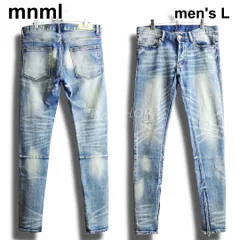 mnml　ミニマル　サイドジップ　クラッシュリペア スキニーデニム　W86cm / W30 / L　ストレッチ　ライトブルー　メンズ