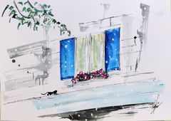 原画#378 黒猫 猫 雪 窓 フランス 水彩画 ドローイング インテリア