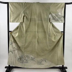 付下げ 身丈159.5cm 裄丈63.5cm S 袷 紬地 枝花 舟 ぼかし 灰緑 正絹 秀品 【中古】
