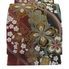 袋帯 秀品 振袖向き 桜 花びら 金銀糸 箔 赤 六通 正絹 【中古】