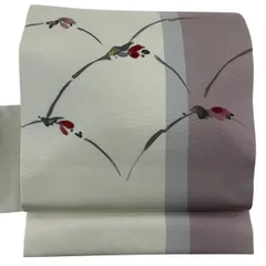 名古屋帯 優品 草花 縞 金彩 刺繍 クリーム 正絹 【中古】