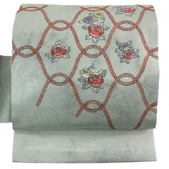名古屋帯 優品 菊 牡丹 箔 刺繍 クリーム 正絹 【中古】