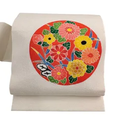 【美品】 名古屋帯 優品 丸文 草花 縮緬 クリーム 正絹 【中古】