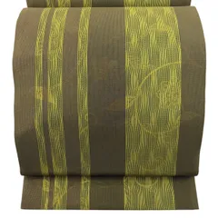 【美品】 袋帯 名品 花唐草 縞 金糸 金彩 鶯色 全通 正絹 【中古】