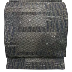 【美品】 袋帯 名品 幾何学 葉柄 箔 刺繍 灰紫 六通 正絹 【中古】