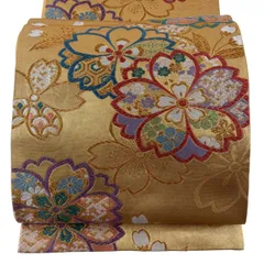 【美品】 袋帯 名品 振袖向き 桜 有職文様 金糸 唐織 金色 六通 正絹 【中古】