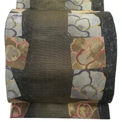 【美品】 袋帯 秀品 椿 幾何学模様 刺繍 金銀糸 金色 六通 正絹 【中古】